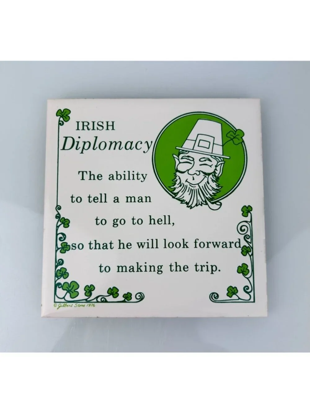 Vintage Gilbert Stone Irish Diplomacy Humor Quote Wall Tile Art Leprechaun READ